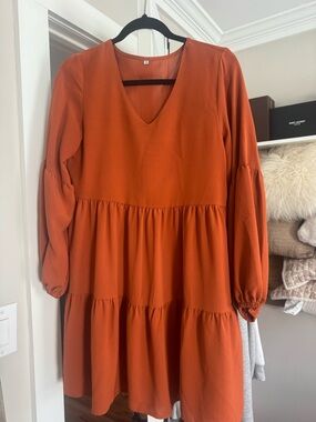 Rust Tiered Long Sleeve V-Neck Dress